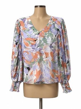 Entro Floral Pleated Sleeve Blouse Smocked Cuffs Pastel V-Neck Size S